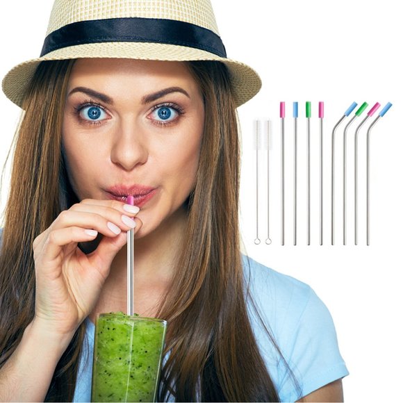 Stainless Steel Extra Wide Drinking Straws With Colored Silicone Tops (10-Pack) - Picture 2 of 2